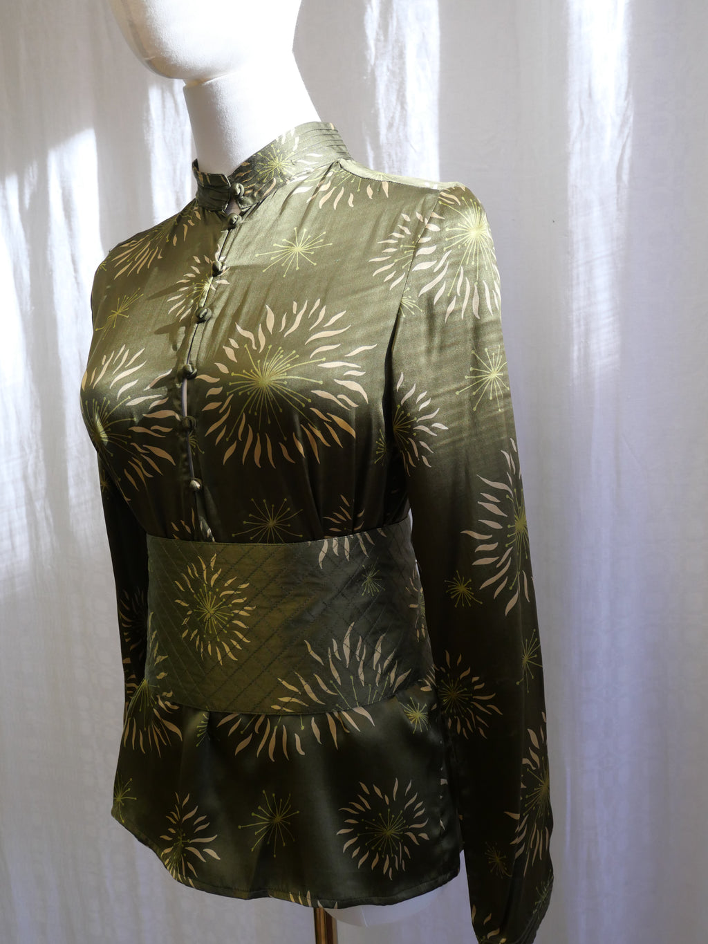 Allegra Hicks Olive Silk Blouse with Obi Belt