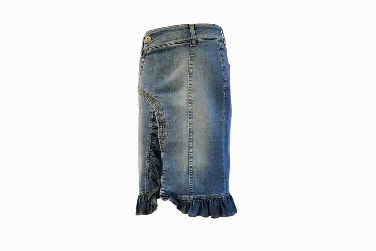 Jean Paul Gaultier Ruffle Denim Pencil Skirt