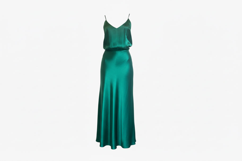 Emerald Green Mason 100% Silk Bias-Cut Maxi Dress