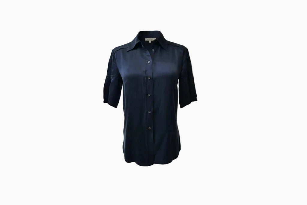 Miu Miu Navy Silk Blouse Scalloped Shoulde