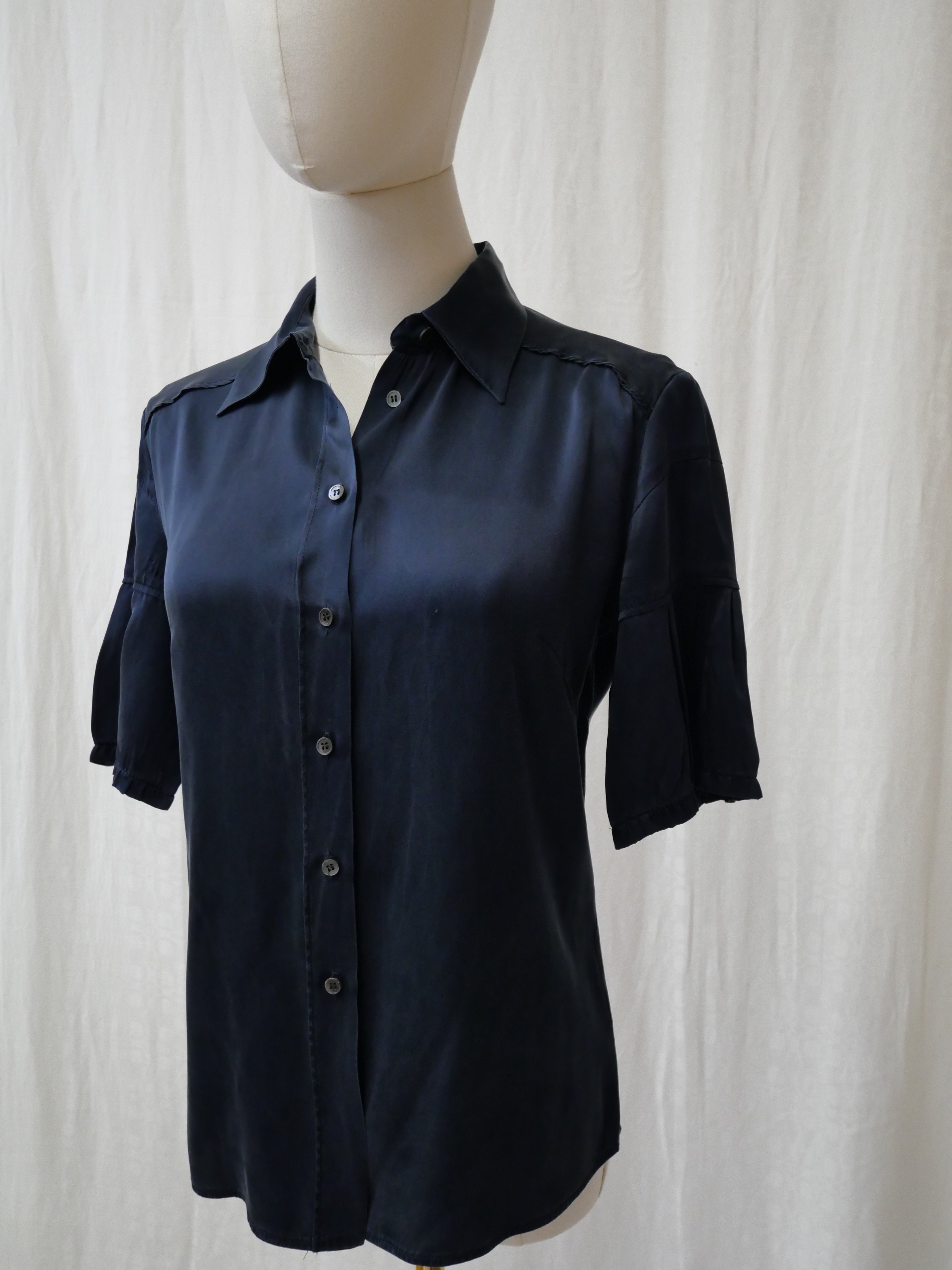Miu Miu Navy Silk Blouse Scalloped Shoulde