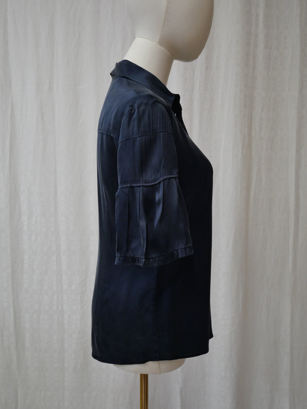 Miu Miu Navy Silk Blouse Scalloped Shoulde