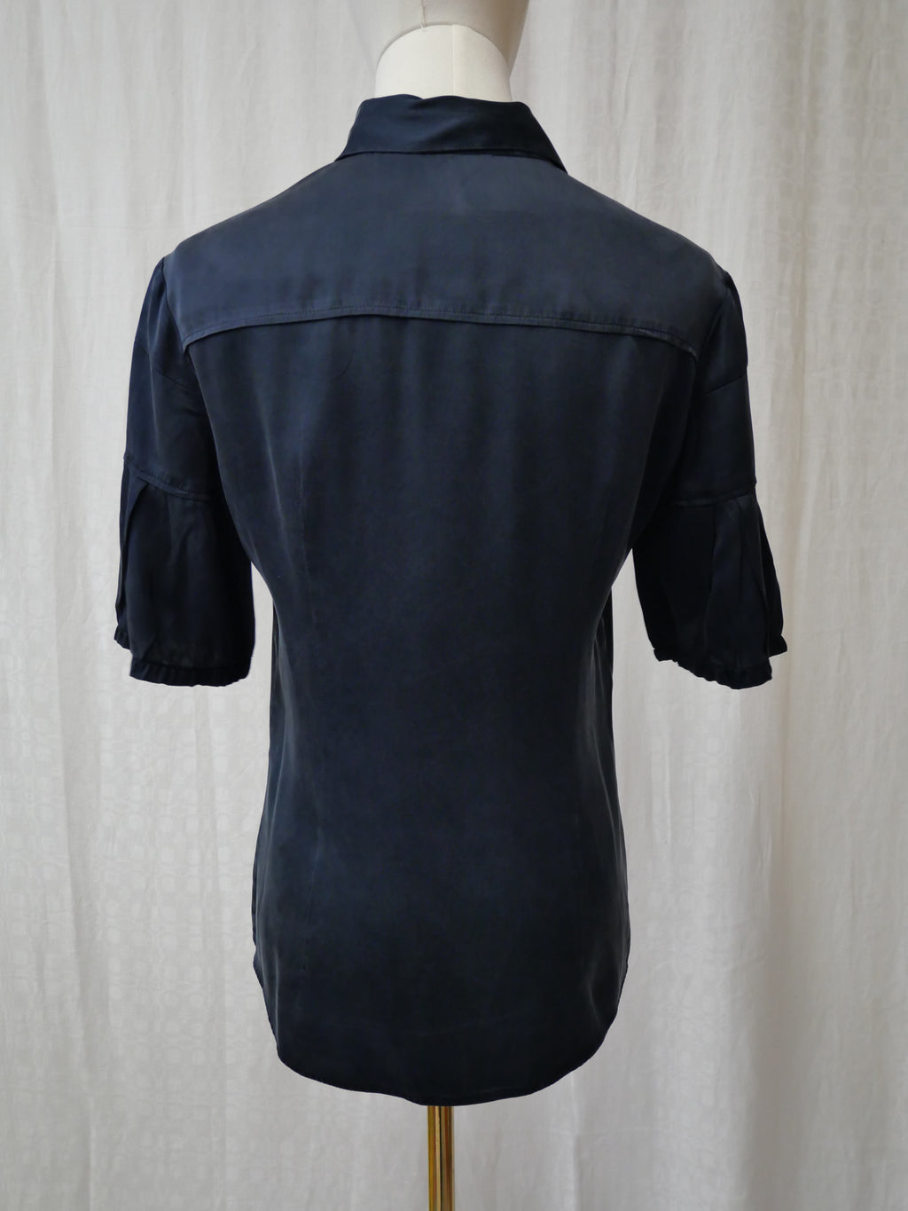 Miu Miu Navy Silk Blouse Scalloped Shoulde