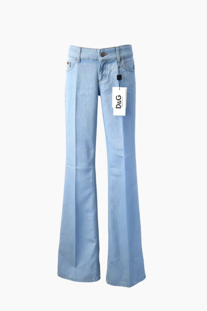 Light blue jeans with a brand tag on a white background