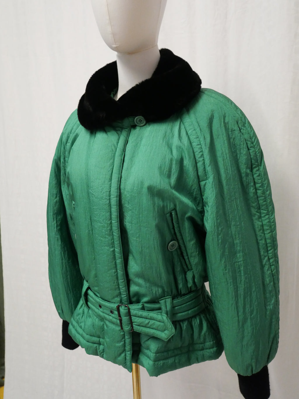 Moxdi Vintage Green Quilted Belted Coat with Faux Fur Collar