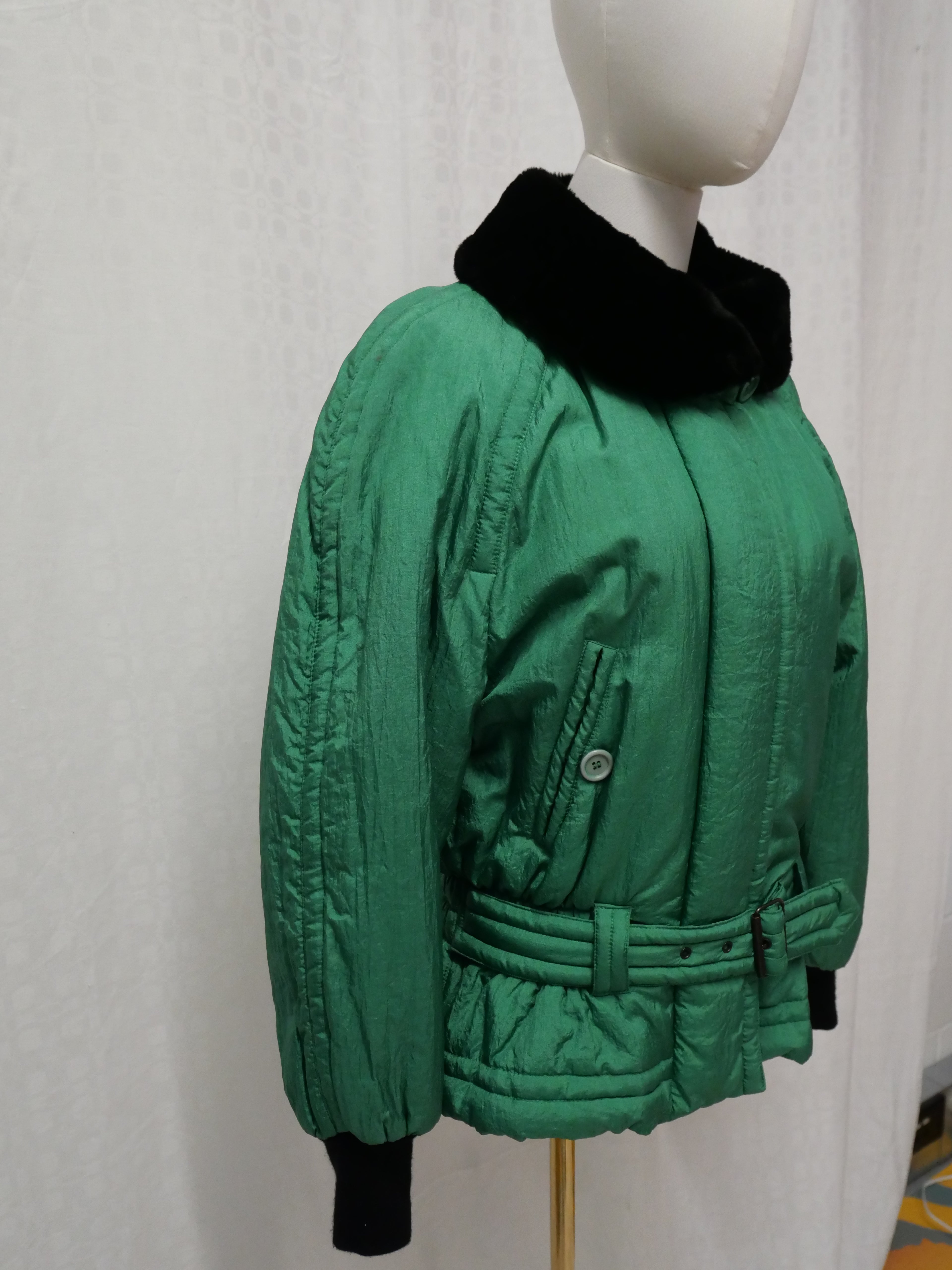 Moxdi Vintage Green Quilted Belted Coat with Faux Fur Collar
