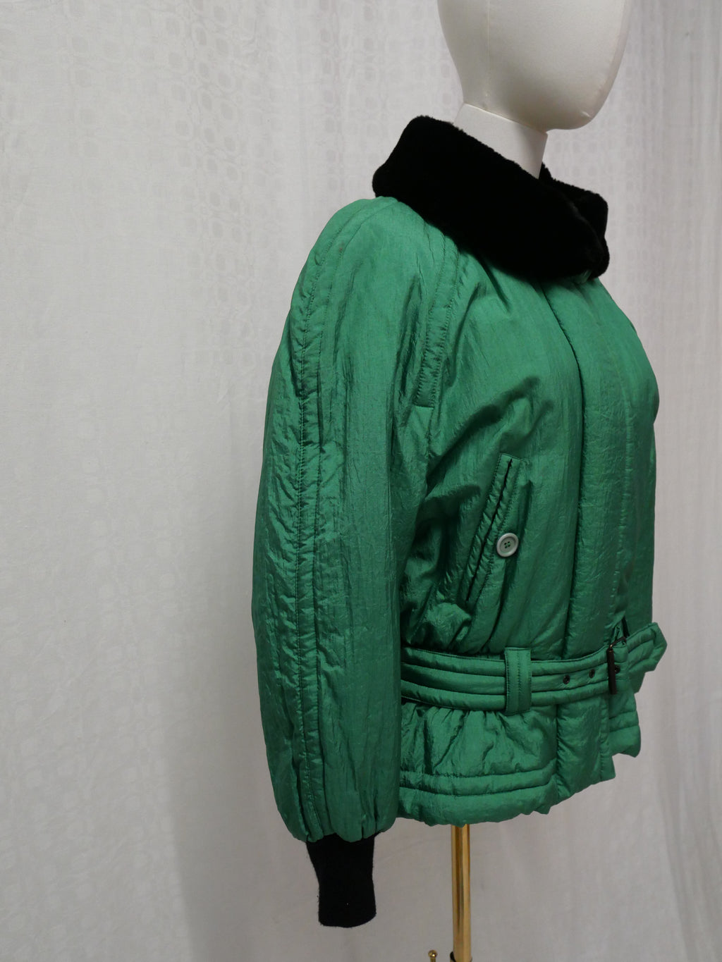 Moxdi Vintage Green Quilted Belted Coat with Faux Fur Collar