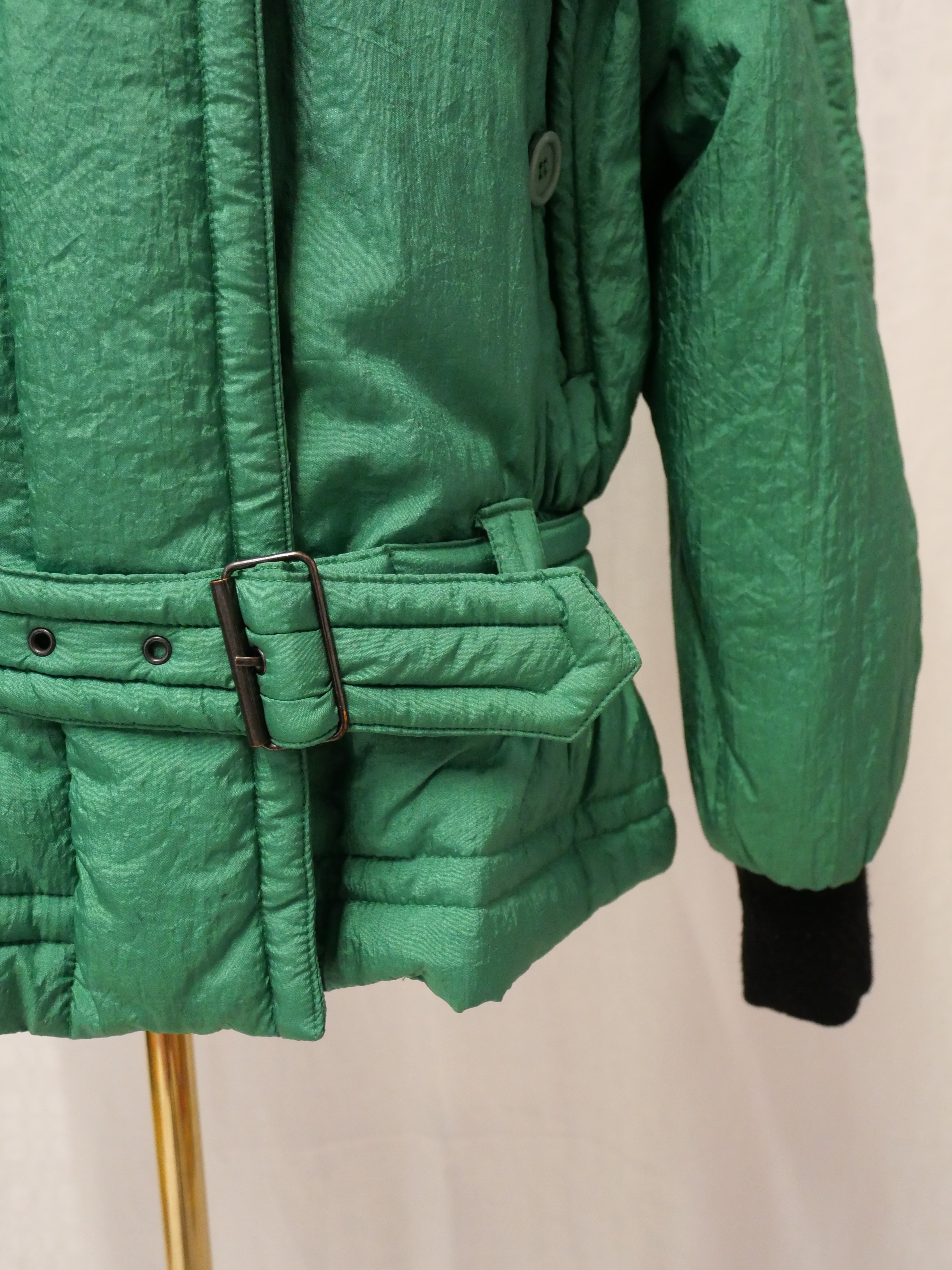 Moxdi Vintage Green Quilted Belted Coat with Faux Fur Collar