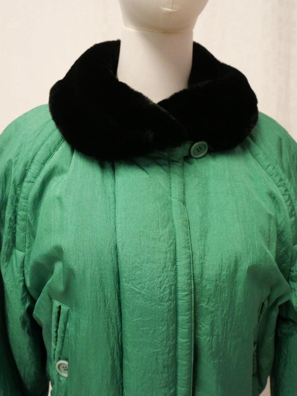 Moxdi Vintage Green Quilted Belted Coat with Faux Fur Collar