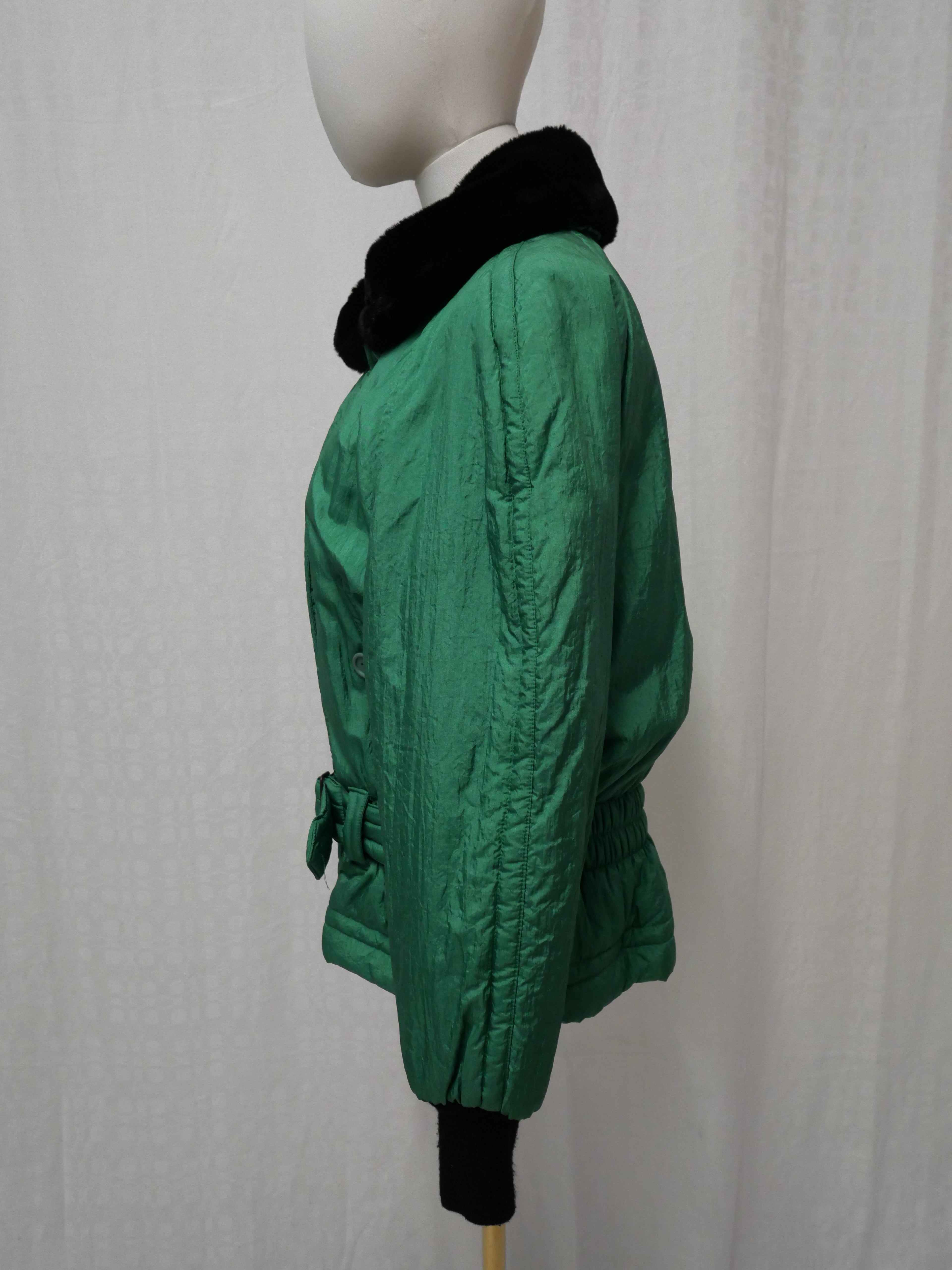 Moxdi Vintage Green Quilted Belted Coat with Faux Fur Collar