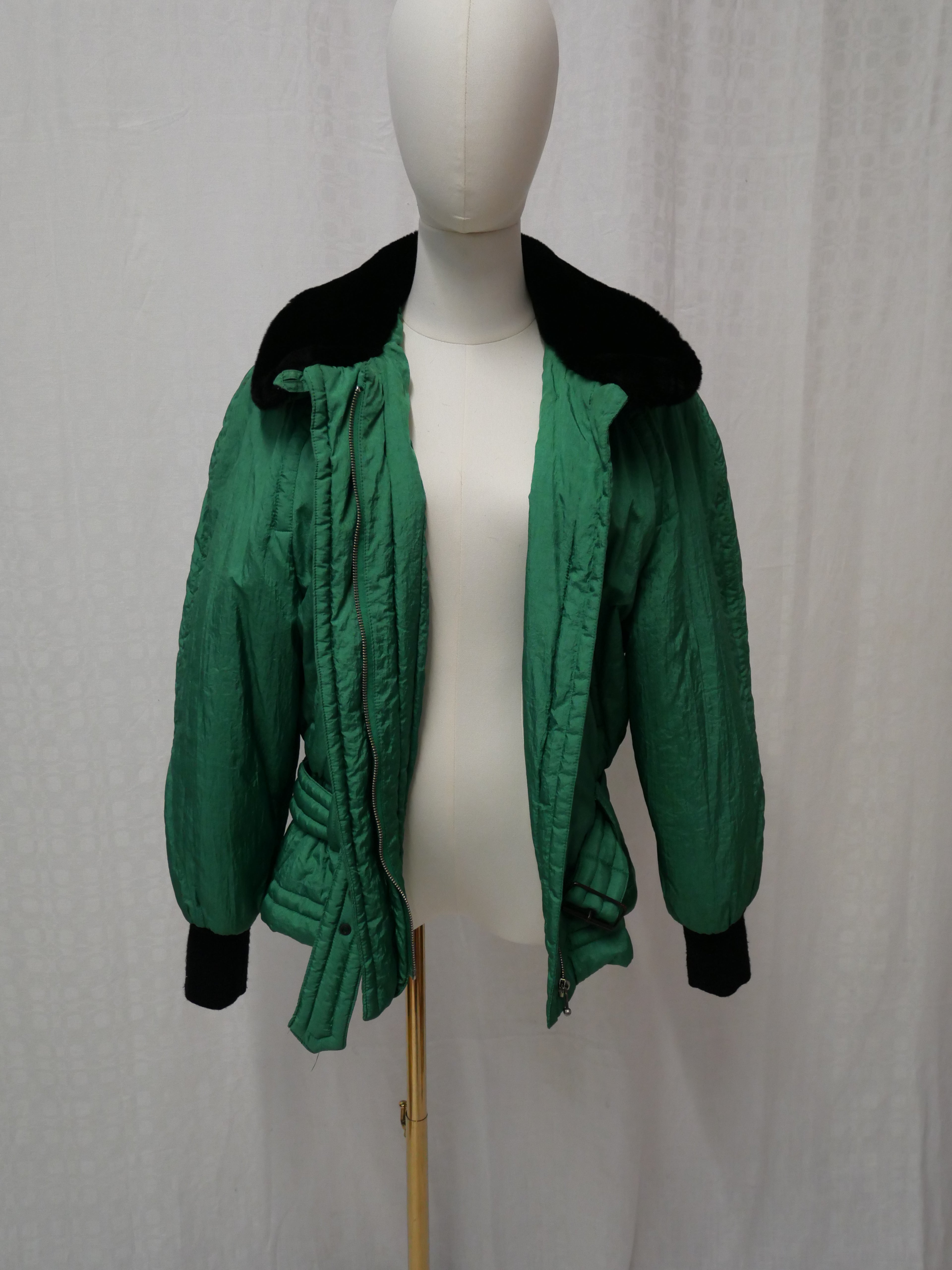Moxdi Vintage Green Quilted Belted Coat with Faux Fur Collar